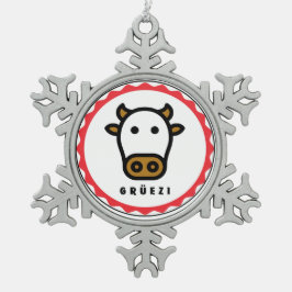 Grüezi - Niedliche Schweizer Kuh Snowflake Gerahmt Schneeflocken Zinn-Ornament