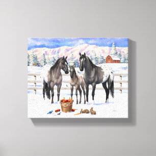 Grulla Gray Appaloosa Pferde auf einem schneebedec Leinwanddruck