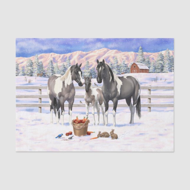 Grulla Pinto Gray Paint Horses on Winter Farm Seidenpapier (Vorderseite)