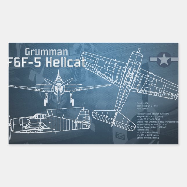 Grumman F6F Hellcat Blueprint Rechteckiger Aufkleber (Vorderseite)