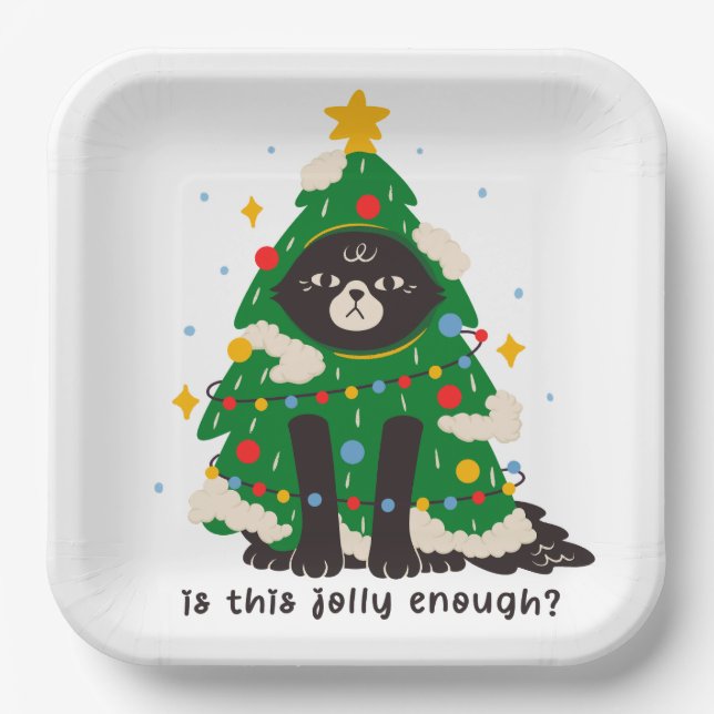Grumpy Black Cat als Baum verkleidet Pappteller (Vorderseite)
