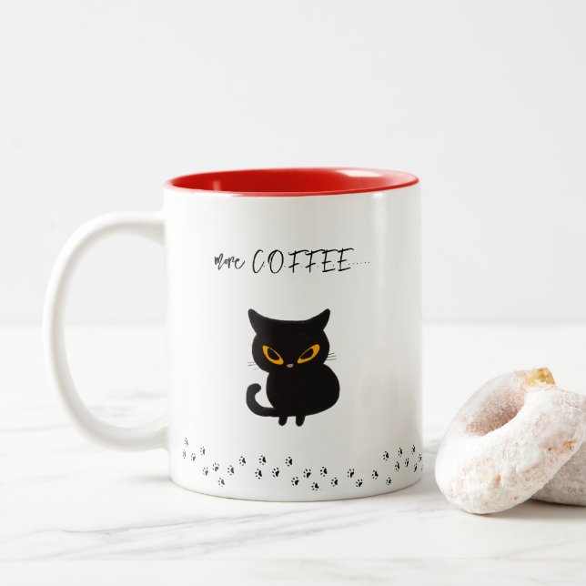 Grumpy Black Cat Mehr Kaffee Zweifarbige Tasse (Mit Donut)