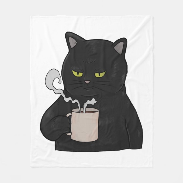 Grumpy Black Cat mit Kaffeemaschine Fleecedecke (Vorderseite)