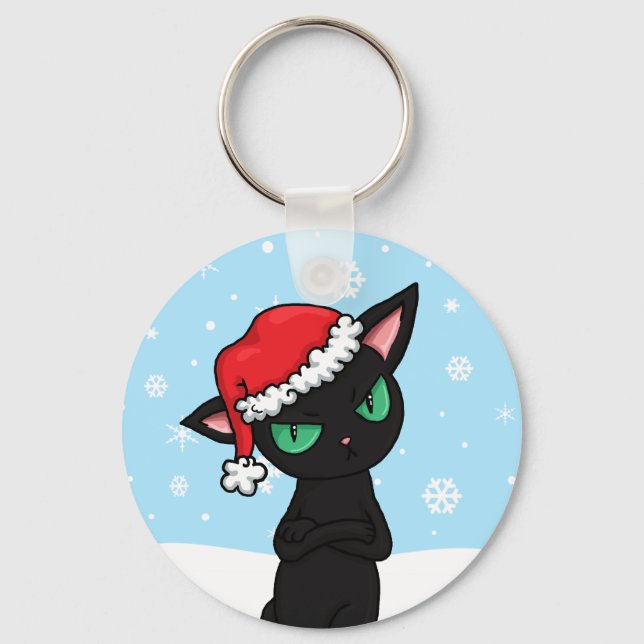 Grumpy Black Cat mit Weihnachtsmannmütze Schlüsselanhänger (Vorderseite)