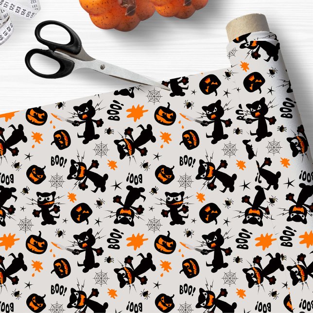 Grumpy Black Halloween Katzen, Spinnen und Kürbis Stoff (Cute Halloween fabric with black cats, spiders and pumpkins.)