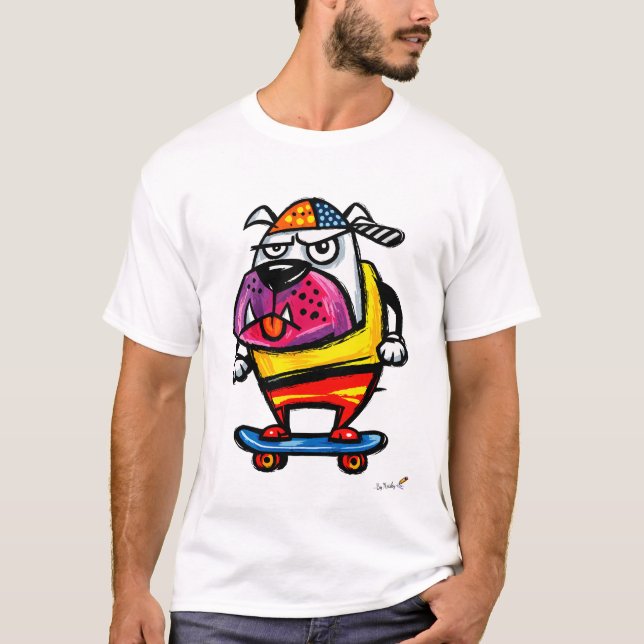 Grumpy Bulldog on Skateboard Cartoon T-Shirt (Vorderseite)
