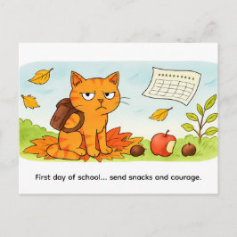 Grumpy Cartoon Cat Starting School in Autumn Postkarte