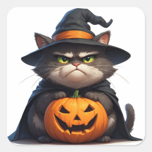 Grumpy Cat Halloween Kürbislaterne 🎃 Quadratischer Aufkleber