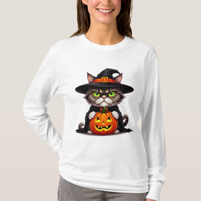 Grumpy Cat im Hexenkostüm mit Kürbis 🎃 T-Shirt (Vorderseite)
