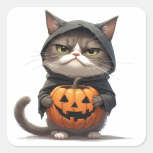 Grumpy Cat im Kürbiskostüm Halloween 🎃 Quadratischer Aufkleber
