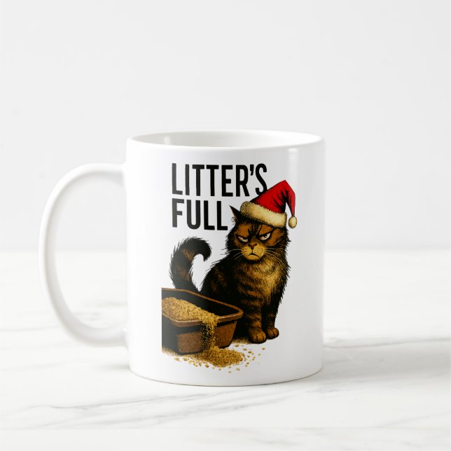 Grumpy Cat und überlaufende Katzentoilette – Humor Kaffeetasse (Links)