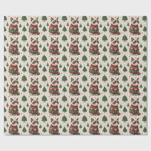 Grumpy Christmas Cat in Ugly Sweater Geschenkpapier (Flach)