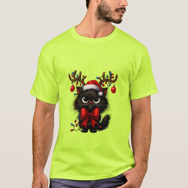 Grumpy Christmas Cat with Santa Hat and Antlers T-Shirt (Vorderseite)