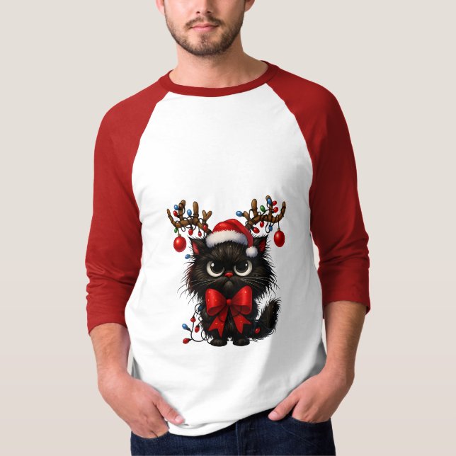 Grumpy Christmas Cat with Santa Hat and Antlers T-Shirt (Vorderseite)