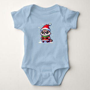 Grumpy Christmas Raccoon - Funny Pixel Art Holiday Baby Strampler