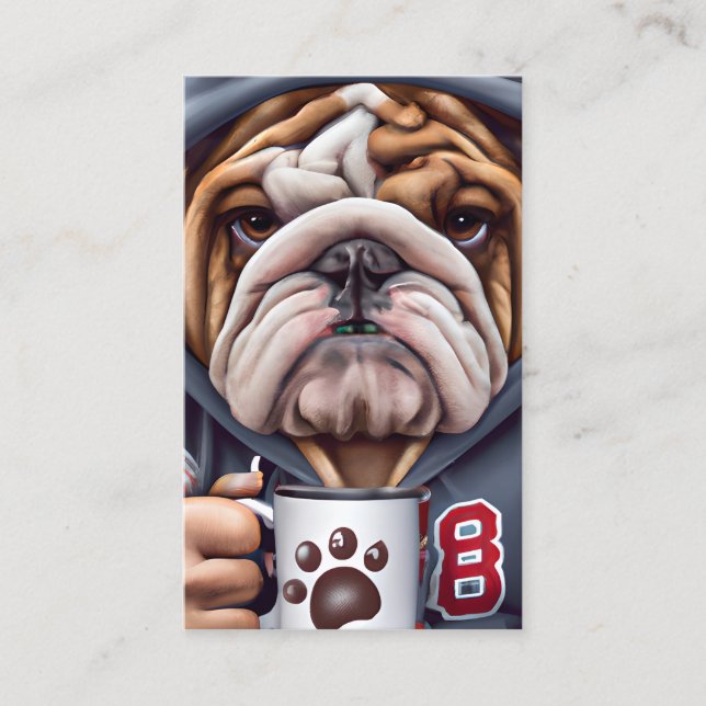 Grumpy English Bulldog in Hoody Holding Visitenkarte (Vorderseite)