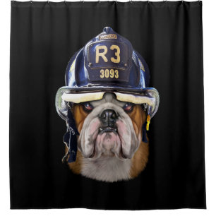 Grumpy English Bulldog Wear Firefighter Helm Duschvorhang