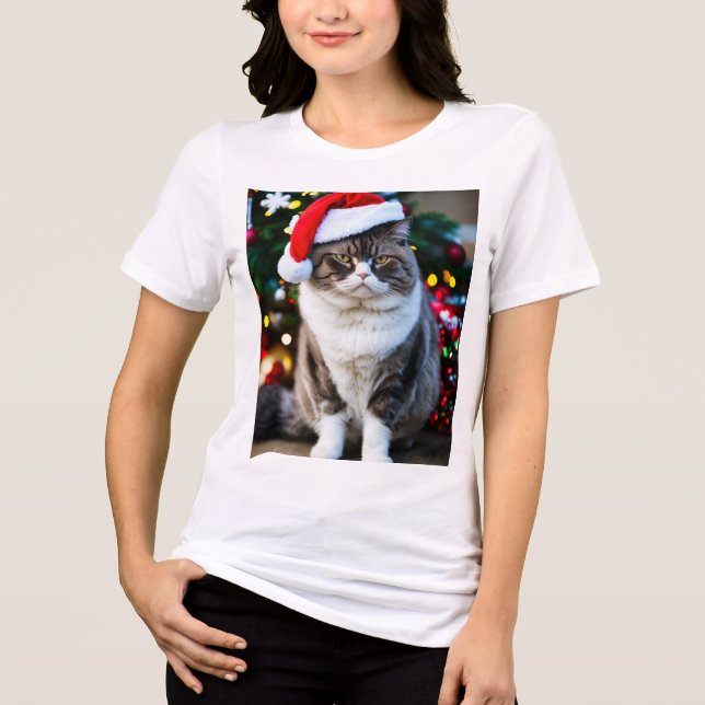 Grumpy Fat Cat in einem Weihnachtshut: Feiernder S Tri-Blend Shirt (Vorderseite)