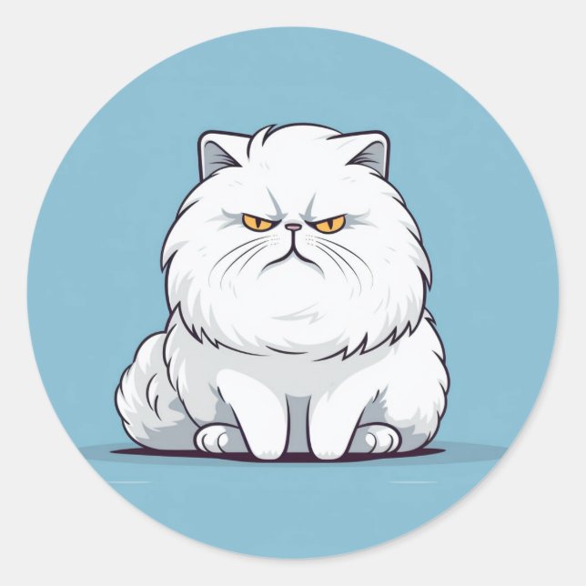 Grumpy Fat White Cat auf blauem Hintergrund Runder Aufkleber (Vorderseite)