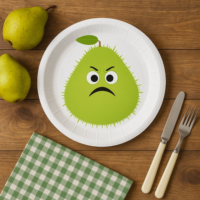 Grumpy Fuzzy Pear Face Funny Fruit Character Pappteller (Von Creator hochgeladen)