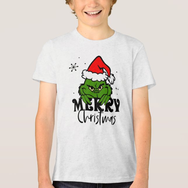 Grumpy Green Christmas Character in Santa Hat Tri-Blend Shirt (Vorderseite)