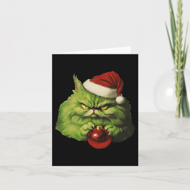 Grumpy Green Santa Cat Retro Katzenjause Karte (Vorderseite)