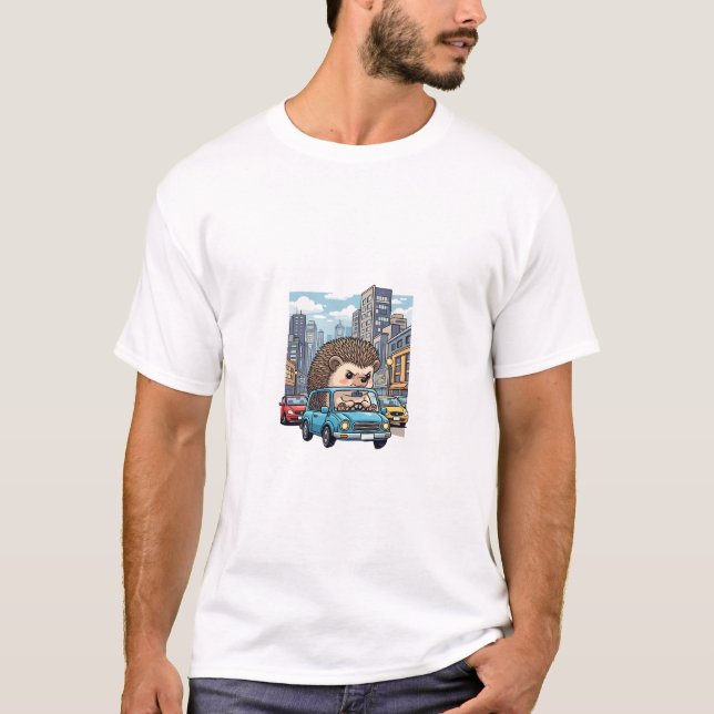 Grumpy Hedgehog Road Rage Driving Blue Car in City T-Shirt (Vorderseite)