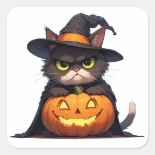 Grumpy Hexenkatze und Kürbis Halloween 🦇 Quadratischer Aufkleber