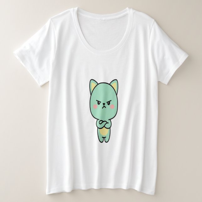 Grumpy Mint Cat – Cute Kawaii Cartoon T-Shirt (Design vorne)