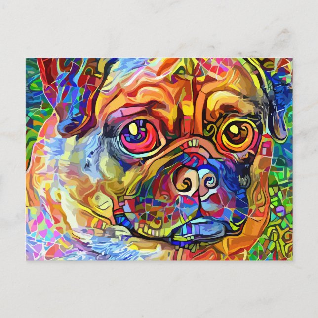 Grumpy Mops Dog Impressionist Pet Portrait Postkarte (Vorderseite)