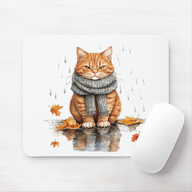 Grumpy Orange Cat in Rain Mousepad (Mit Mouse)