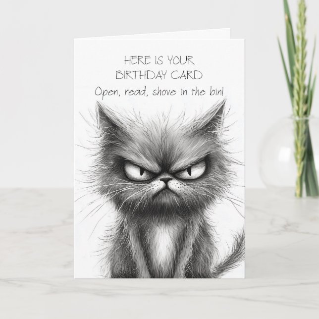 Grumpy Spaß Cat in Simple Black and White Sketch Karte (Vorderseite)