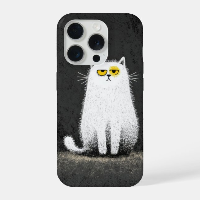Grumpy White Cat – Funny Minimal Cat Art iPhone 15 Pro Hülle (Rückseite)