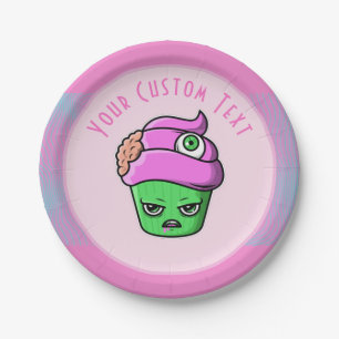 Grumpy Zombie Muffin Pink Brain Eyeball Halloween Pappteller