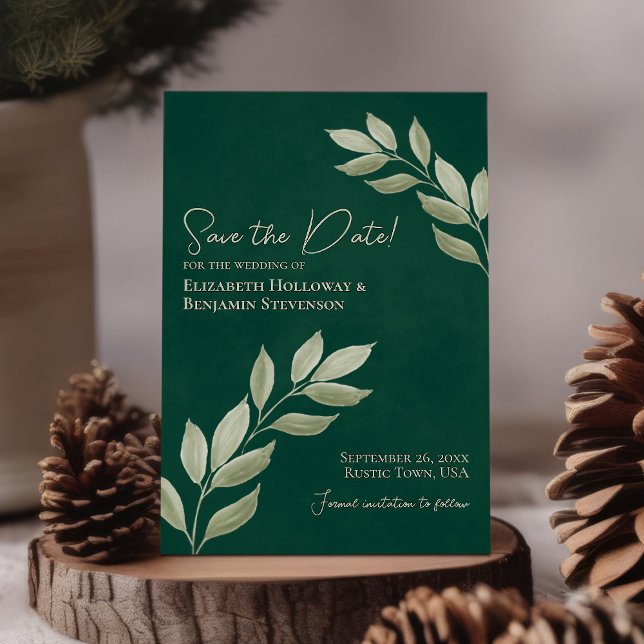 Grün Blätter auf Smaragdgrüner Hochzeit Save The Date (Von Creator hochgeladen)