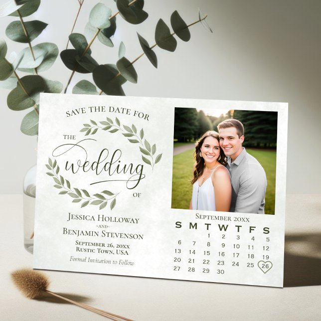 Grün Blätter Foto & Kalender Rustikale Hochzeit Save The Date (Von Creator hochgeladen)