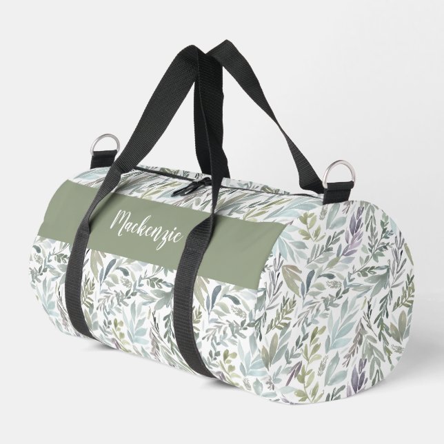 Grün Blau Botanisches Wasserfarben-Monogramm Name Duffle Bag (Linke Seite)
