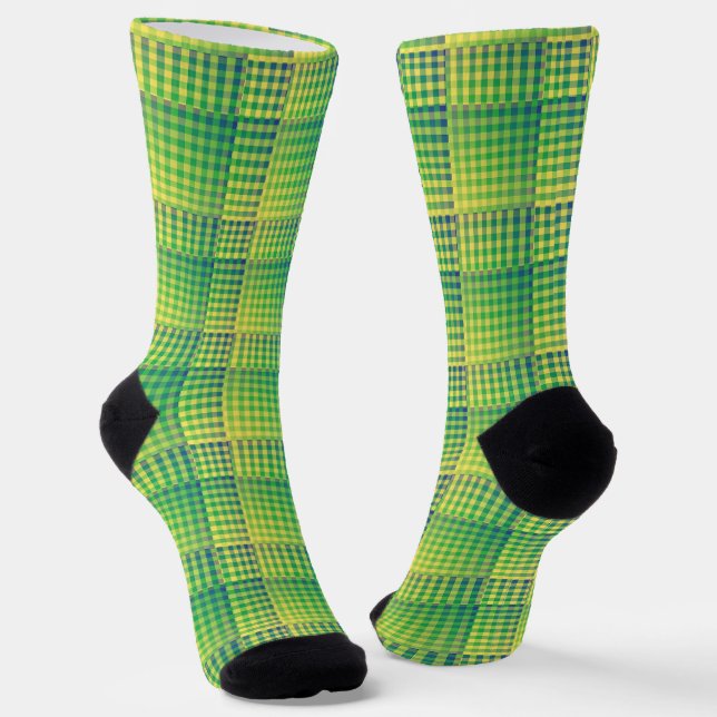 Grün Blau Checker Abstract Muster Socken (Gewinkelt)