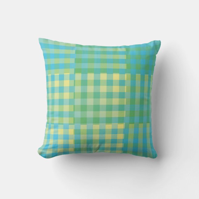 Grün Blau Gelb Karo Patchwork Muster Kissen (Vorderseite)