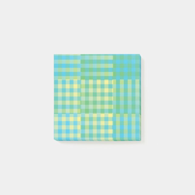 Grün Blau Gelb Karo Patchworkmuster Post-it Klebezettel (Vorderseite)