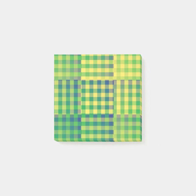 Grün Blau Gelb Karo Patchworkmuster Post-it Klebezettel (Vorderseite)