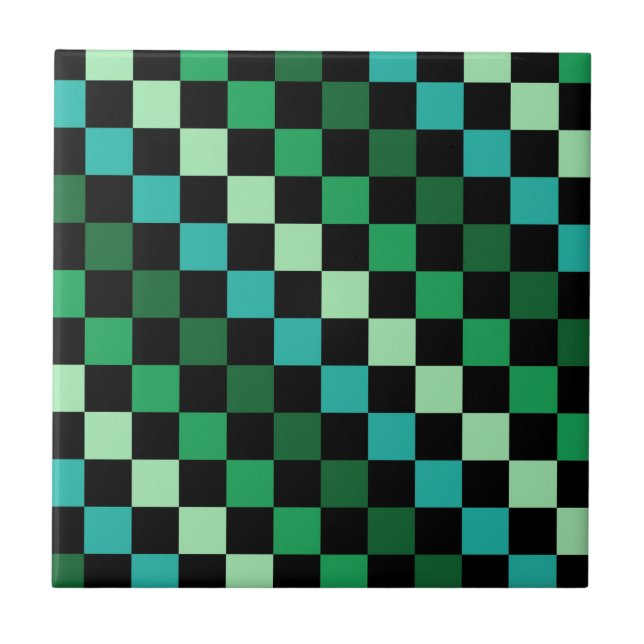 Grün Blau Kariertes Gingham-Muster Fliese (Vorderseite)