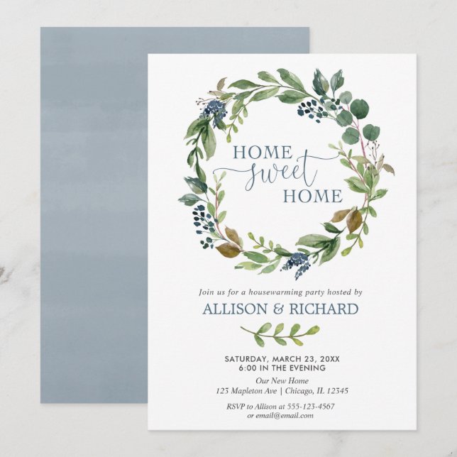 Grün-blauer BlumenKranz rustikaler Housewarming Einladung (Vorne/Hinten)