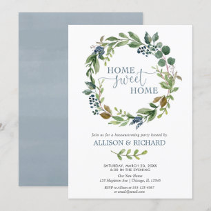 Grün-blauer BlumenKranz rustikaler Housewarming Einladung