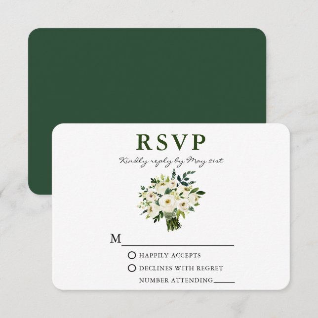 Grün blühende Wasserfarben Bouquet Grüne RSVP Karte (Vorne/Hinten)