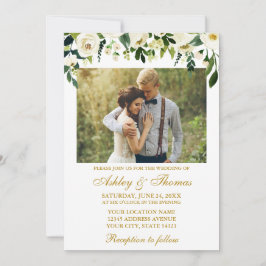 Grün blühendes Foto Hochzeit Gold Einladung
