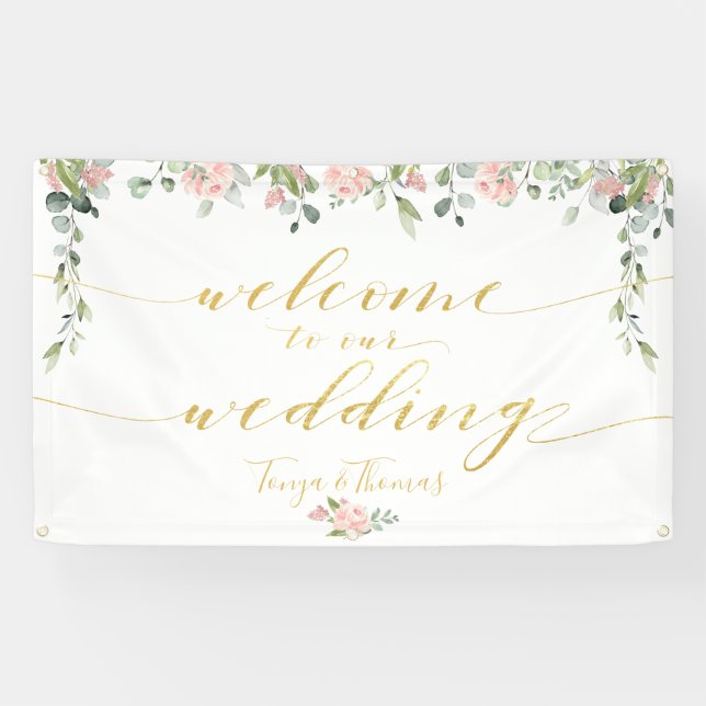 Grün & Blush Pink Gold Kalligraphie Willkommen Banner (Horizontal)
