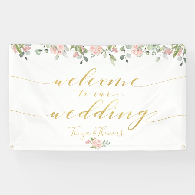 Grün & Blush Pink Gold Kalligraphie Willkommen Banner (Horizontal)