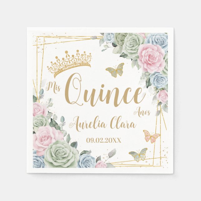 Grün Blütenrosa Blütenschmetterling Quinceanera Serviette (Vorderseite)