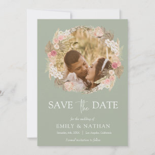 Grün-Boho-Blumenkranz-Foto Save the Date Einladung